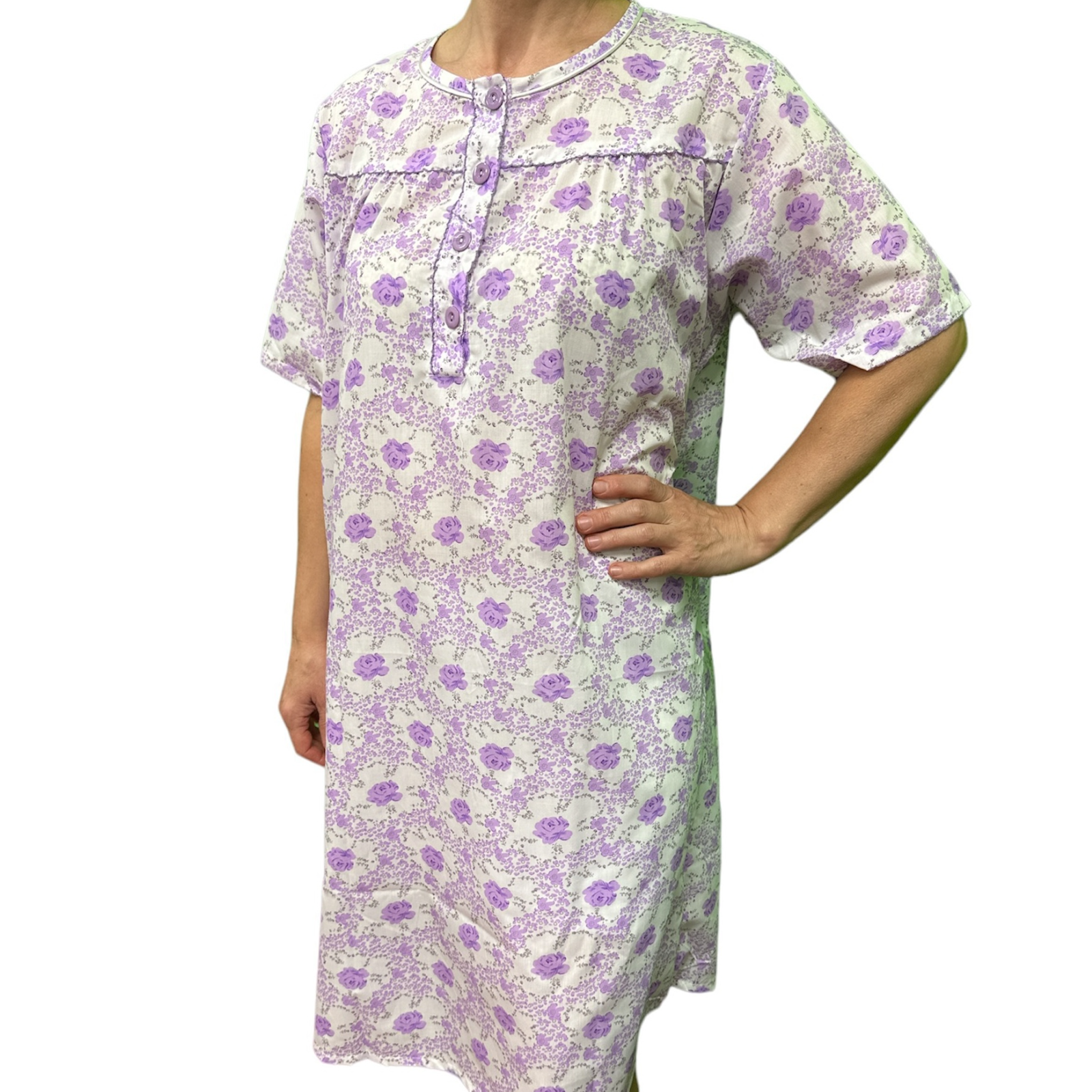 V563-NI-001-LILAC-20-202503051631-00 Womens 100% Cotton Short Sleeve Nightie Gown Night Sleepwear Pyjamas PJ Pajamas - Lilac - 20 - Image 1