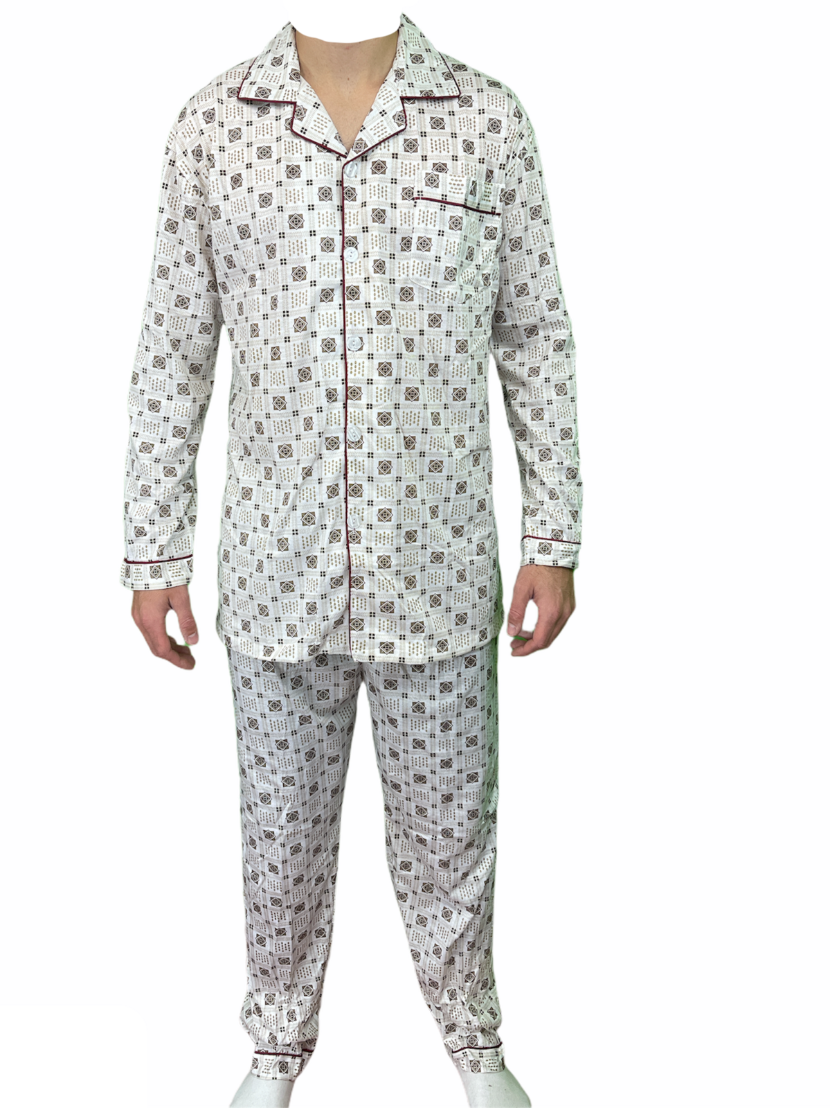 V563-NI-030-BROWN-XL-202503051920-00 Mens Cotton Pajamas Pyjamas PJs Long Sleeve Shirt Tops + Pants Set Sleepwear - White/Brown - XL - Image 1