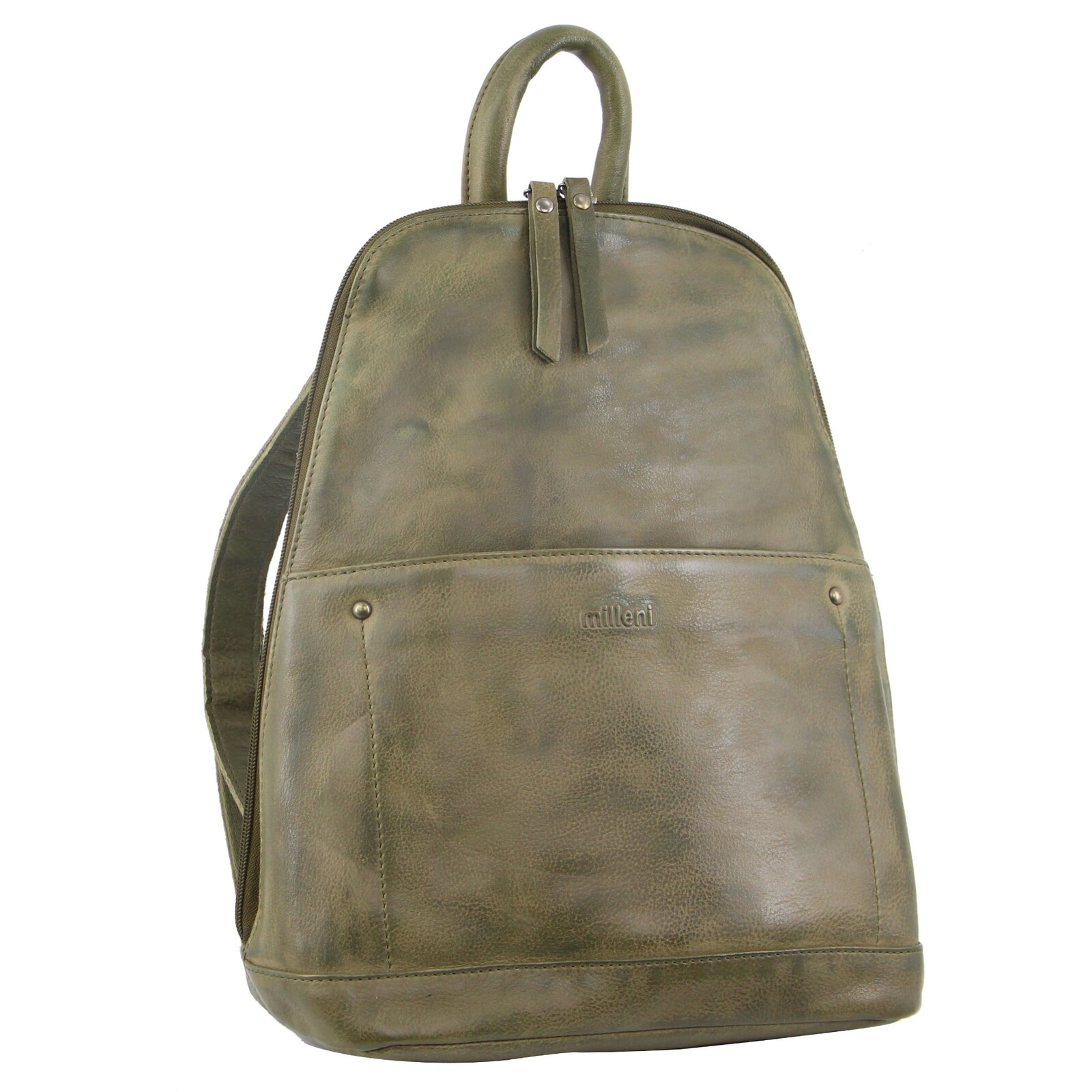 V563-NL-2442-OLIVE-140610-00 Milleni Ladies Genuine Italian Leather Backpack Bag Twin Zip - Olive - Image 1