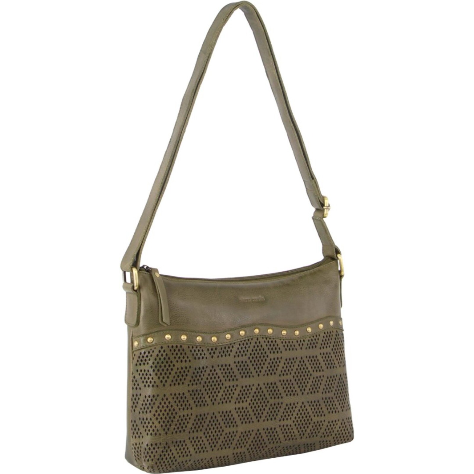 V563-PC-3344-OLIVE-174237-00 Pierre Cardin Womens Leather Perforated Cross Body Bag w/ Stud Detailing Travel - Olive - Image 1