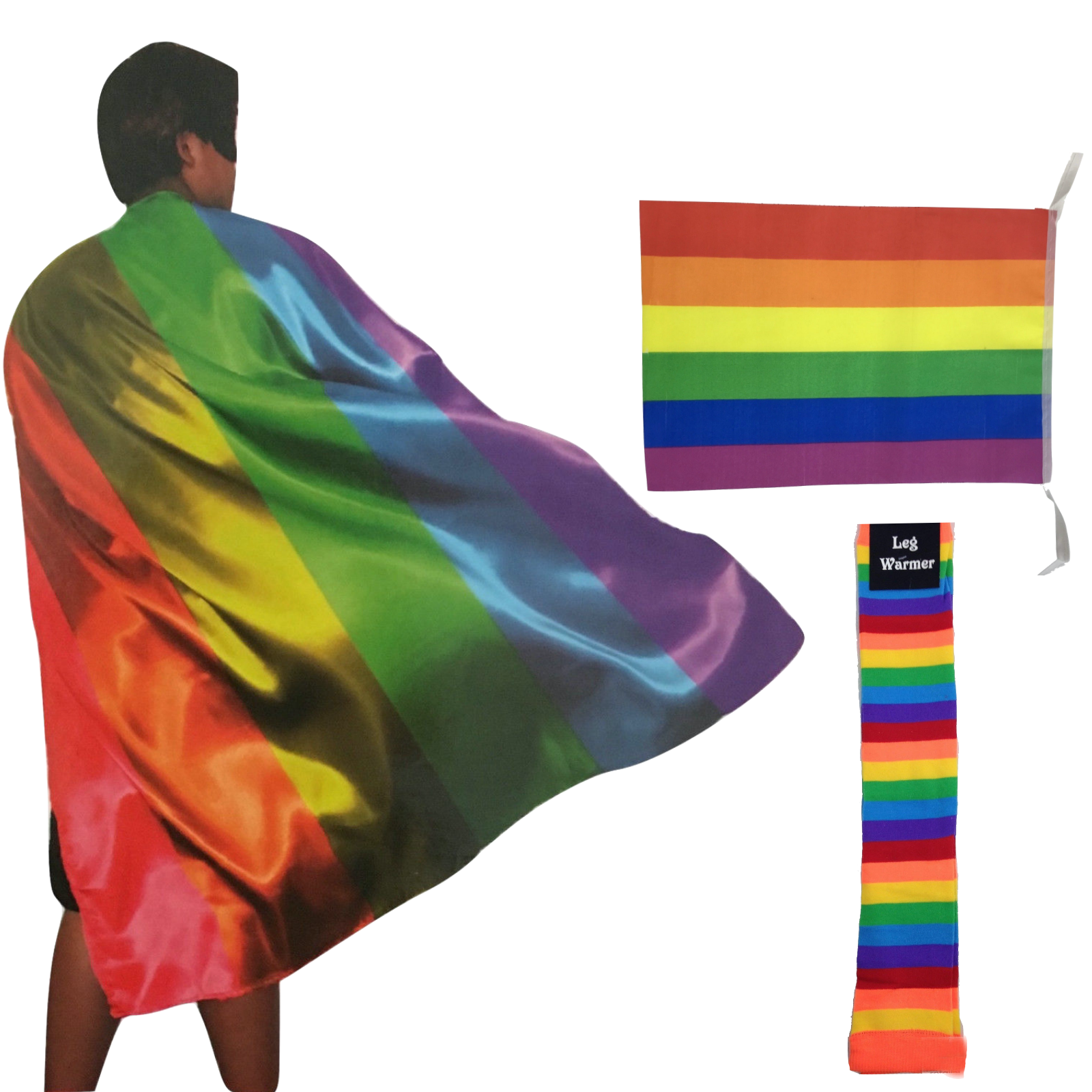 V563-RAINBOWCAPEFLAGLWARMR_SET-184613-00 3x Set Rainbow Leg Warmers + Deluxe Cape + Bunting Flag Lesbian Gay Costume - Image 1