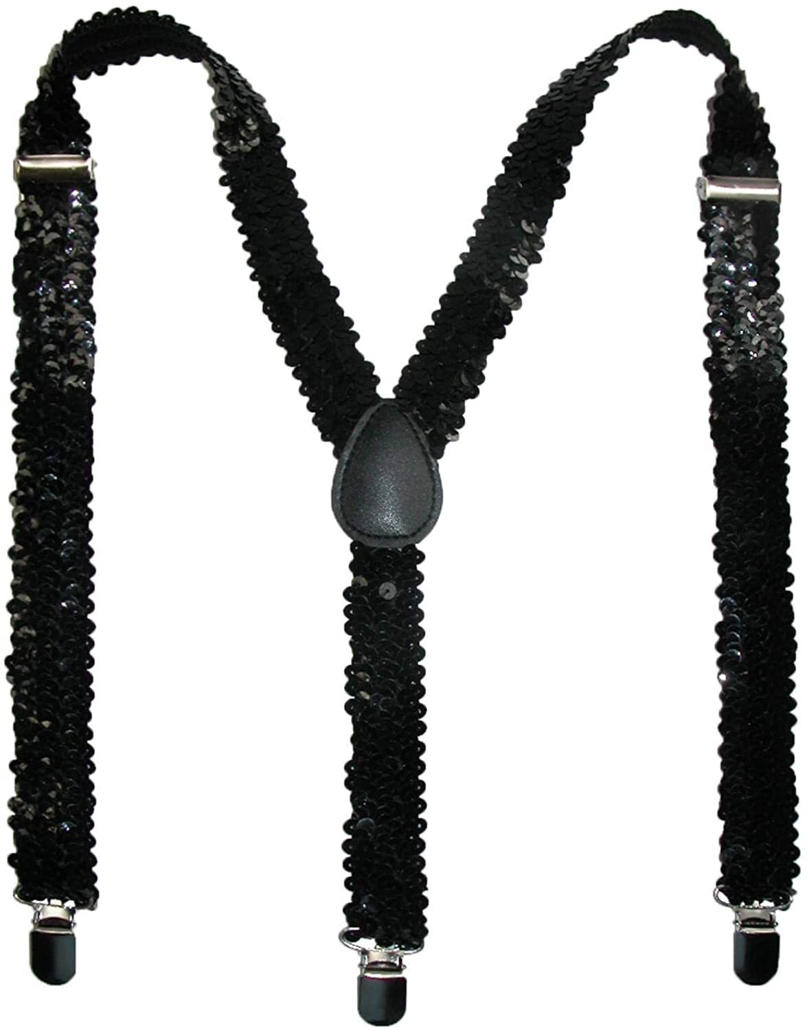 V563-SQNSUSPENDERS-BLK-185104-00 SEQUIN SUSPENDERS Unisex Adjustable Braces Clip On Elastic Y-Back - Black - Image 1