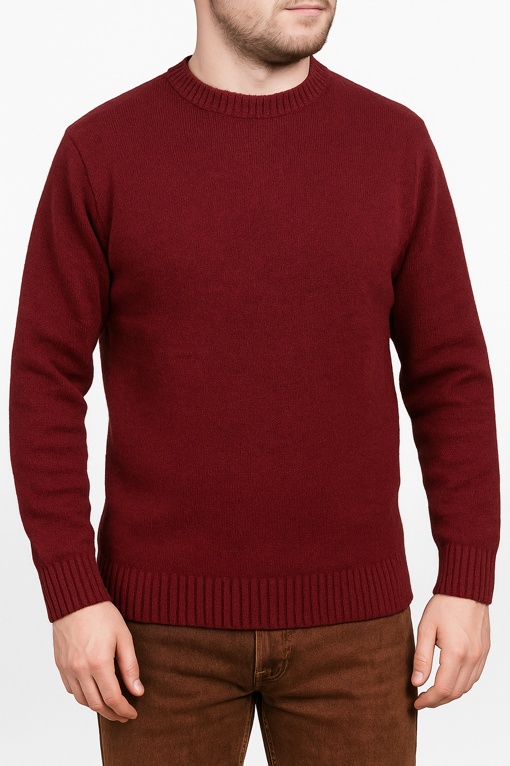 V563-SW-CN-BRGNDY97-S-202505121530-00 100% SHETLAND RAGG WOOL CREW Round Neck Knit JUMPER Pullover Mens Sweater Knitted - Burgundy - S - Image 1