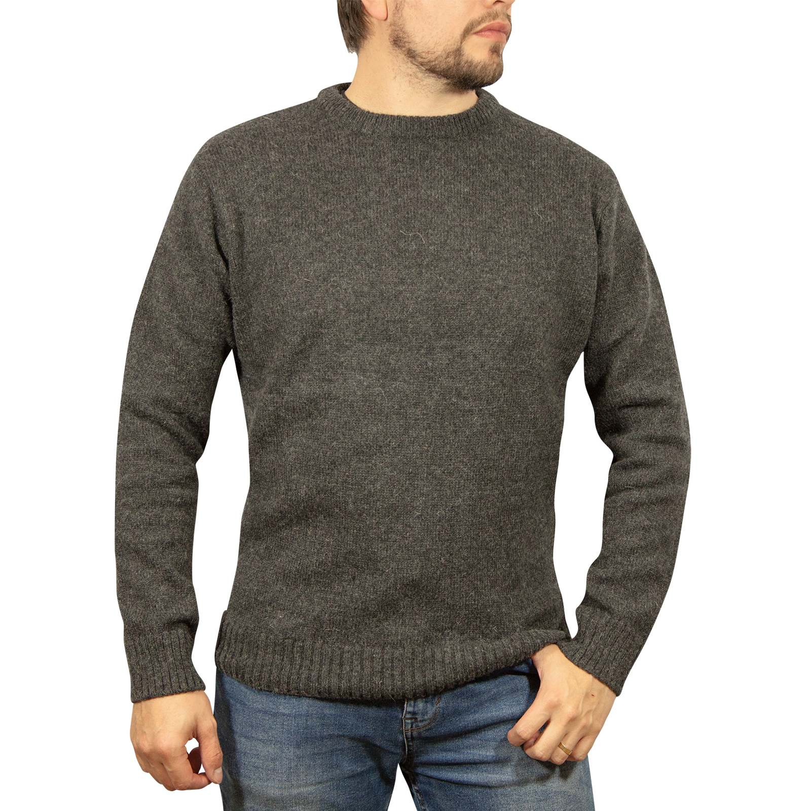 V563-SW-CN-CHRCL29-M-202505121527-00 Mens 100% Shetland Ragg Wool Round Neck Knit Jumper Pullover Crew Sweater - Charcoal (29) - M - Image 1