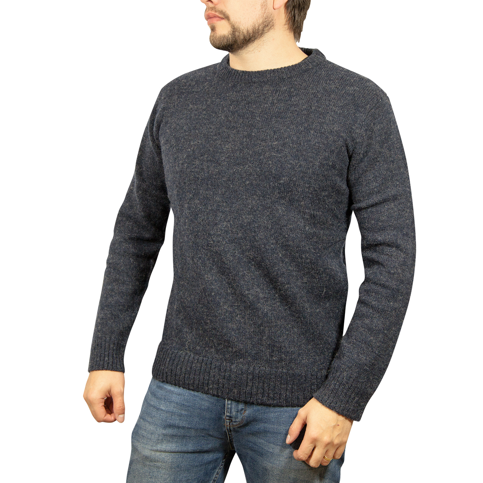 V563-SW-CN-DNM45-3XL-202505121307-00 100% SHETLAND RAGG WOOL CREW Round Neck Knit JUMPER Pullover Mens Sweater Knitted - Navy - 3XL - Image 1