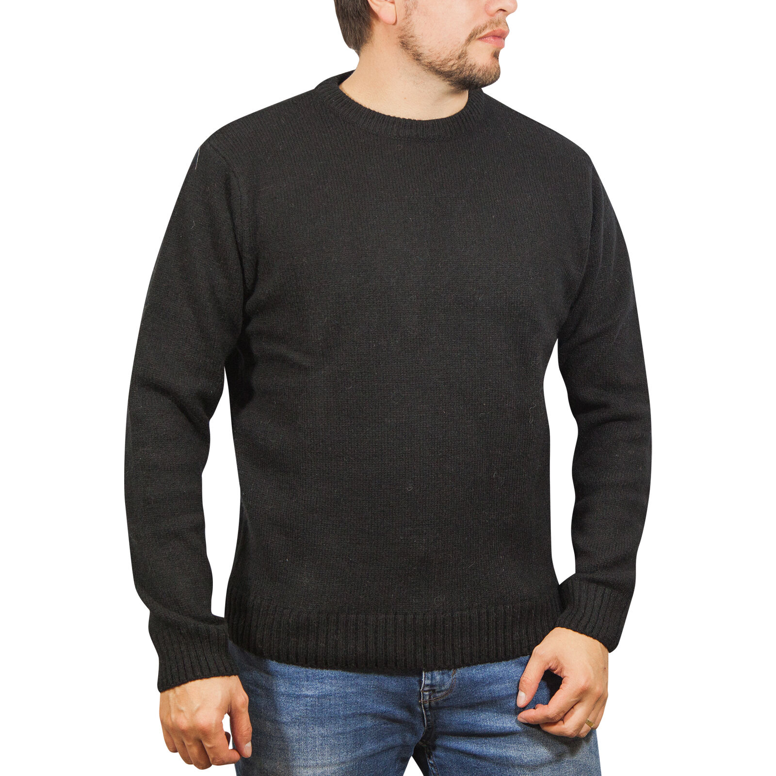 V563-SW-CN-FBK-99B-XL-202505121308-00 100% SHETLAND RAGG WOOL CREW Round Neck Knit JUMPER Pullover Mens Sweater Knitted - Plain Black - XL - Image 1