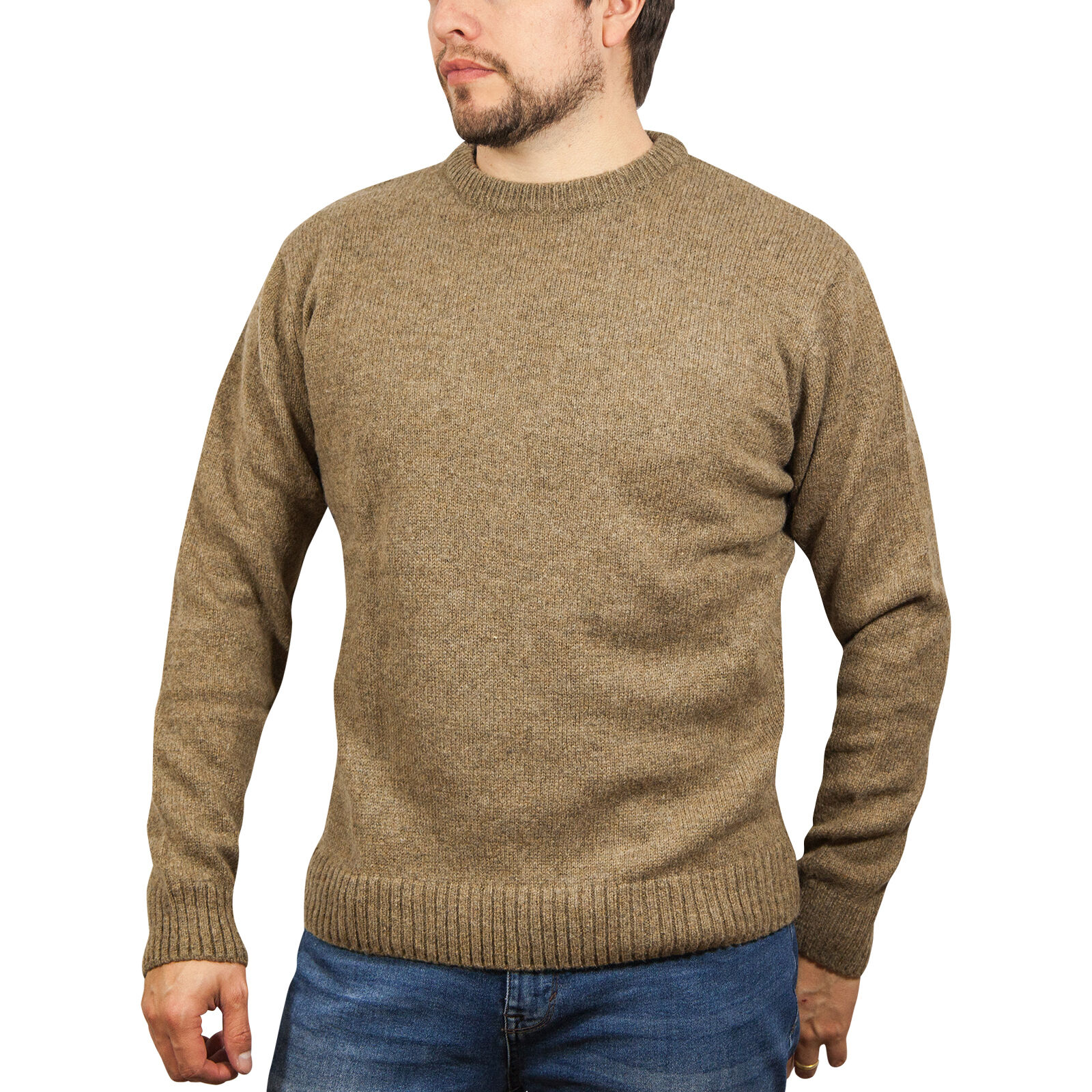 V563-SW-CN-NUTMEG23-L-202505121512-00 100% SHETLAND RAGG WOOL CREW Round Neck Knit JUMPER Pullover Mens Sweater Knitted - Nutmeg - L - Image 1
