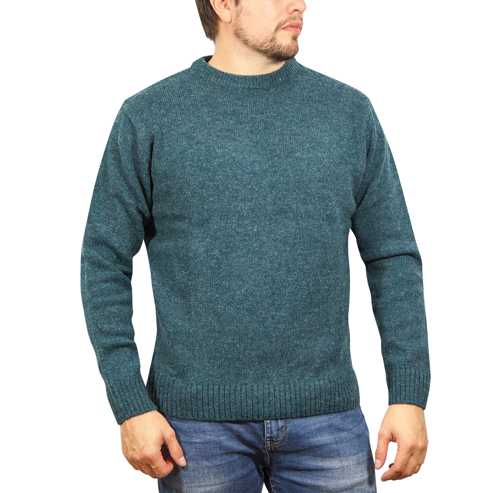 V563-SW-CN-SHD-32-3XL-202505161750-00 100% SHETLAND RAGG WOOL CREW Round Neck Knit JUMPER Pullover Mens Sweater Knitted - Sherwood - 3XL - Image 1