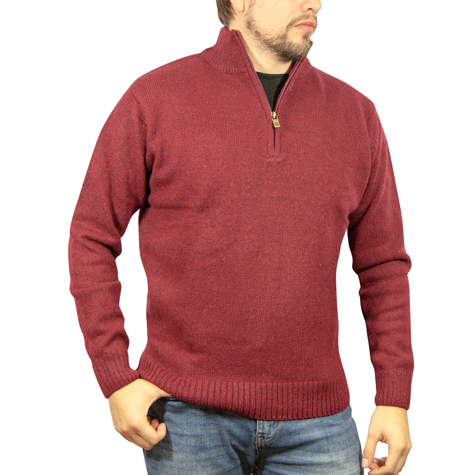 V563-SW-HZ-BRGNDY97-M-202507251230-00 100% SHETLAND RAGG WOOL Half Zip Up Knit JUMPER Pullover Mens Sweater Knitted - Burgundy - M - Image 1