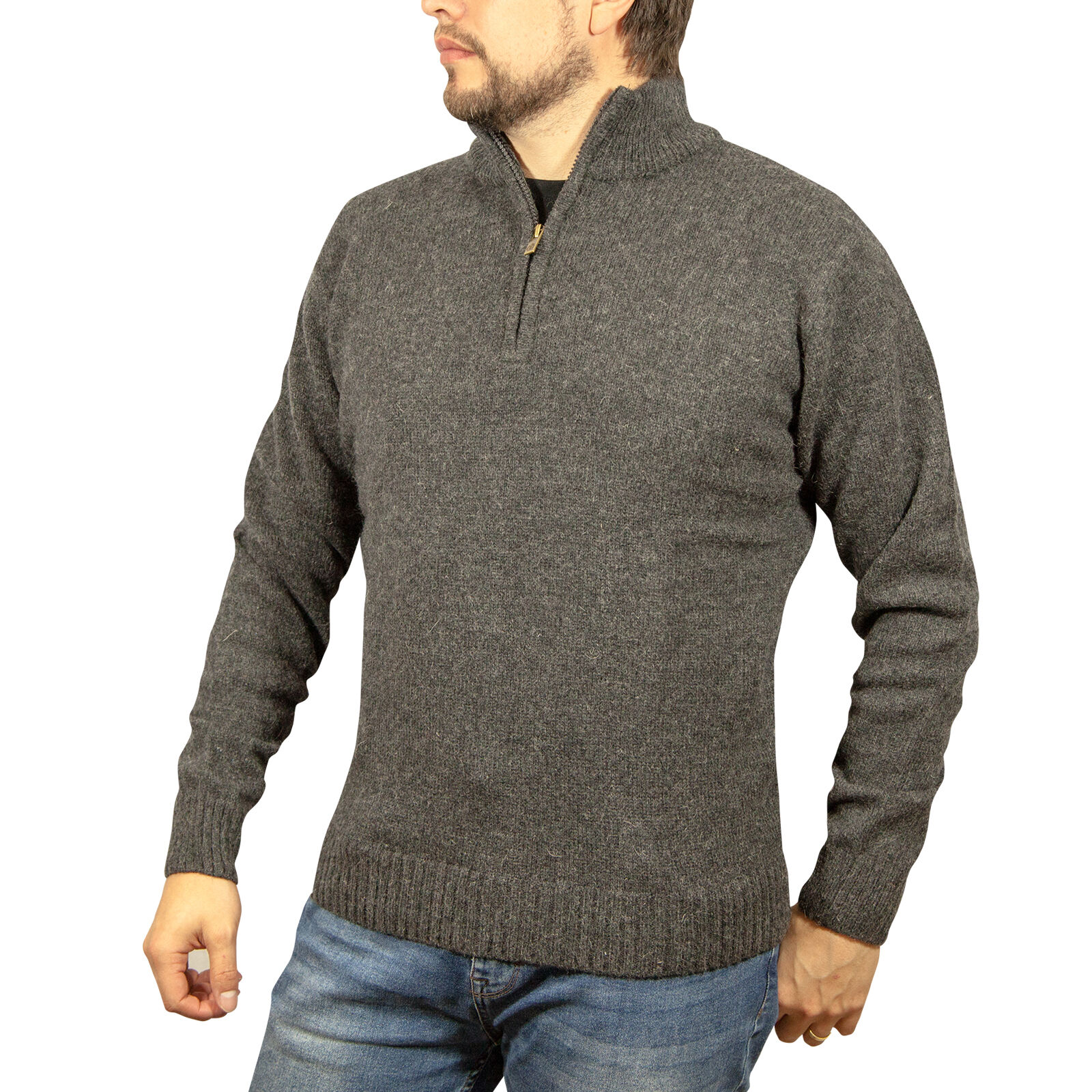 V563-SW-HZ-CHRCL29-3XL-202507251235-00 100% SHETLAND RAGG WOOL Half Zip Up Knit JUMPER Pullover Mens Sweater Knitted - Charcoal - 3XL - Image 1