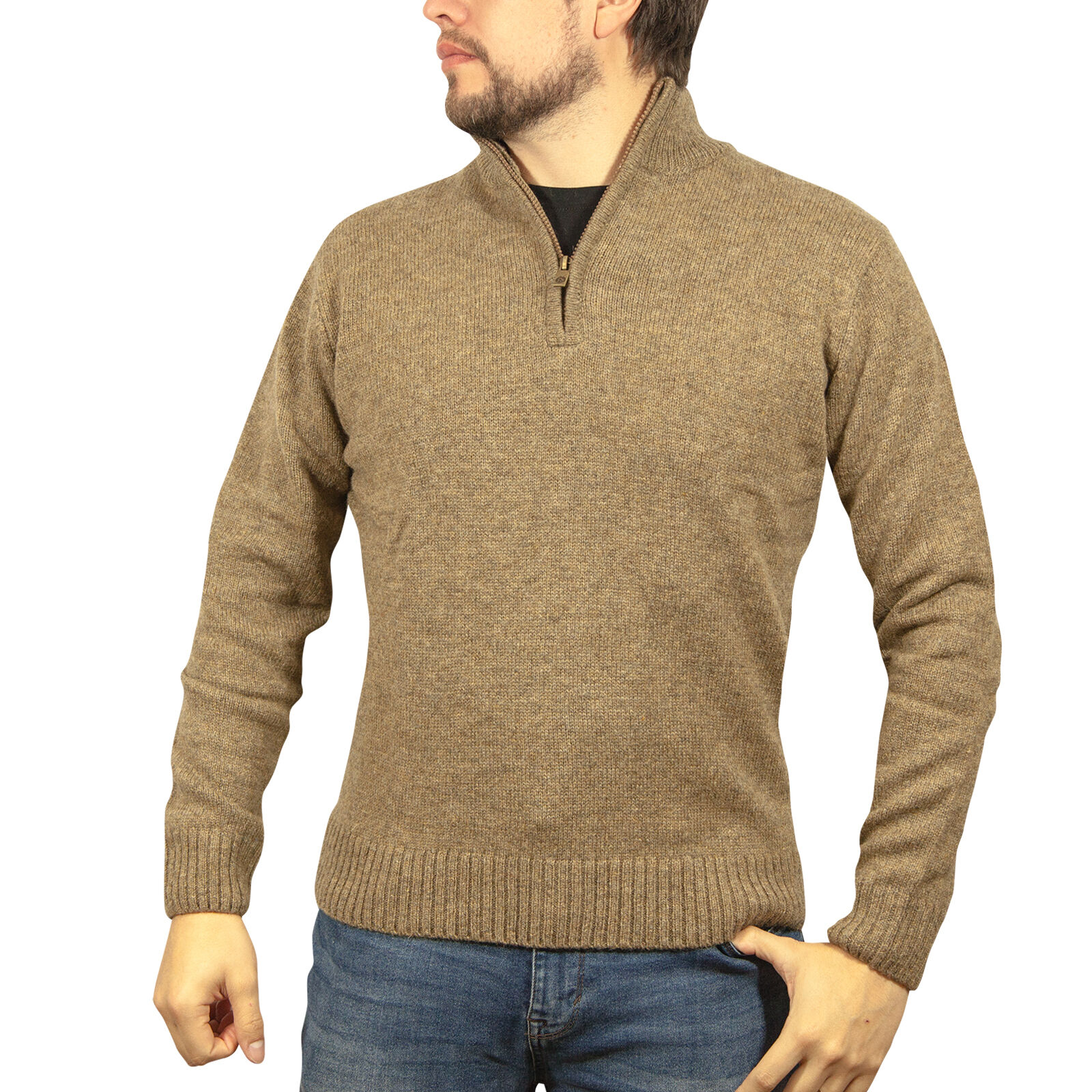 V563-SW-HZ-NUTMEG23-XL-202507251100-00 100% SHETLAND RAGG WOOL Half Zip Up Knit JUMPER Pullover Mens Sweater Knitted - Nutmeg - XL - Image 1