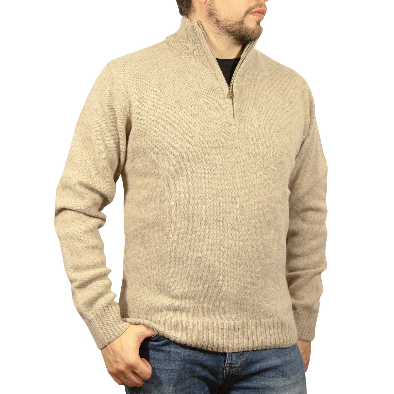 V563-SW-HZ-OATMARLE03-XL-202507251055-00 100% SHETLAND RAGG WOOL Half Zip Up Knit JUMPER Pullover Mens Sweater Knitted - Oat Marle - XL - Image 1