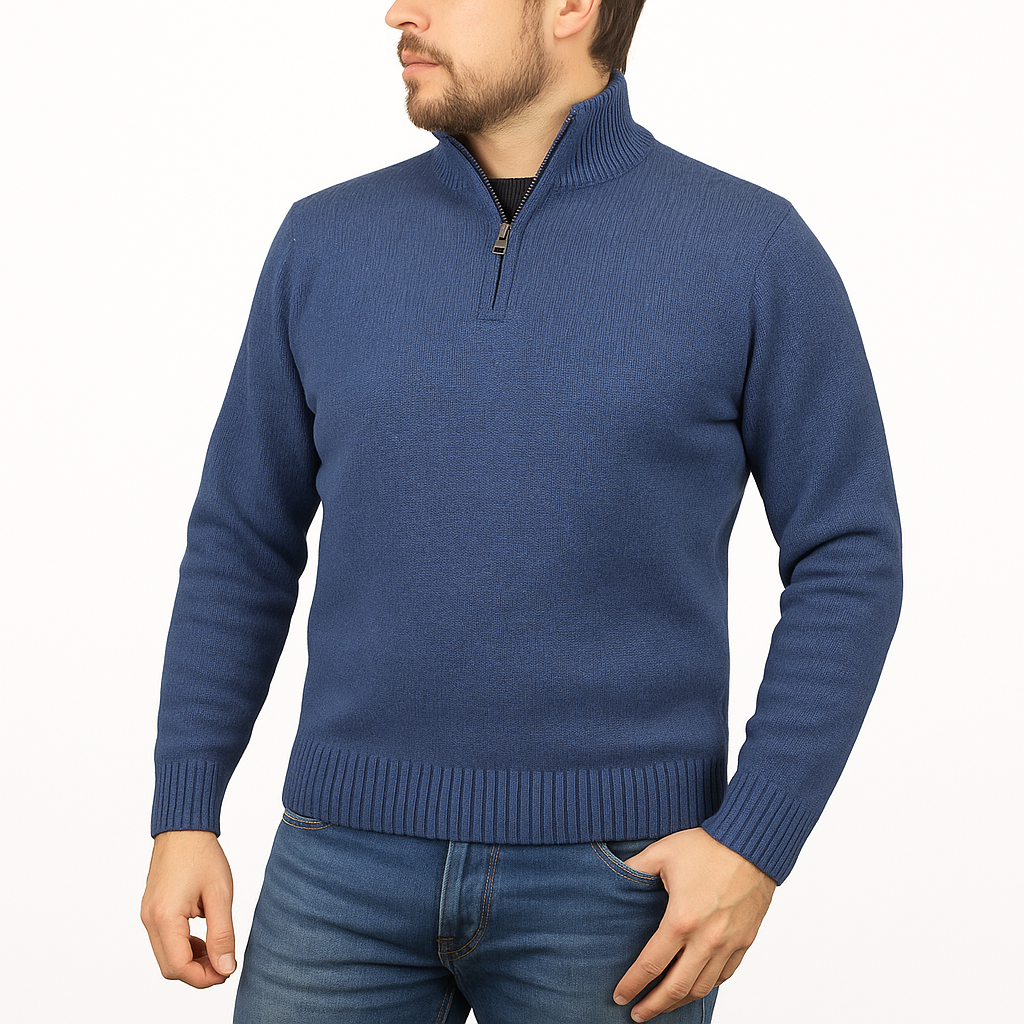 V563-SW-HZ-SKY40-L-202507251105-00 100% SHETLAND RAGG WOOL Half Zip Up Knit JUMPER Pullover Mens Sweater Knitted in Sky - L - Image 1