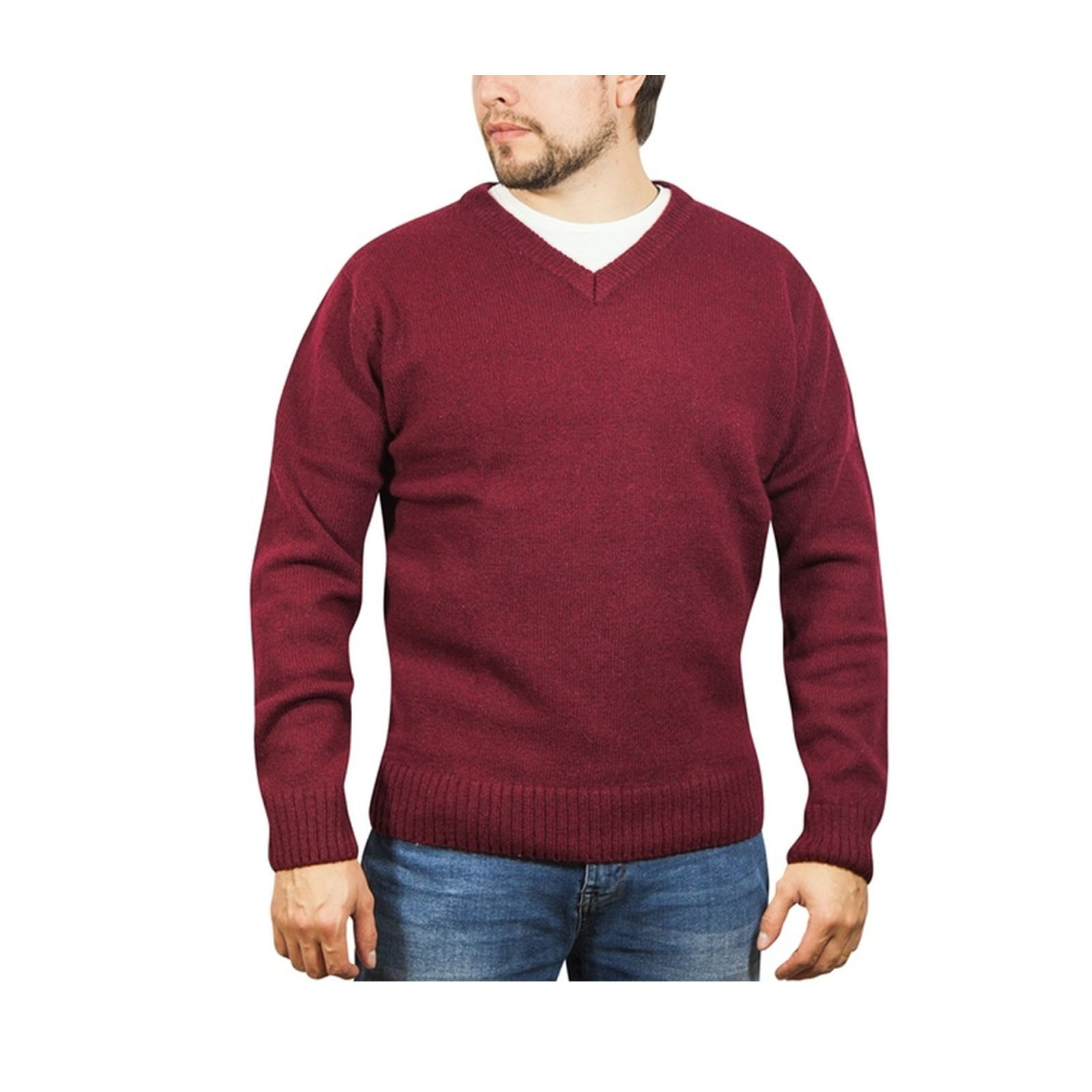 V563-SW-VN-BURG97-M-202507251205-00 100% Shetland Ragg Wool V Neck Knit Jumper Pullover Mens Sweater Knitted - Burgundy - M - Image 1