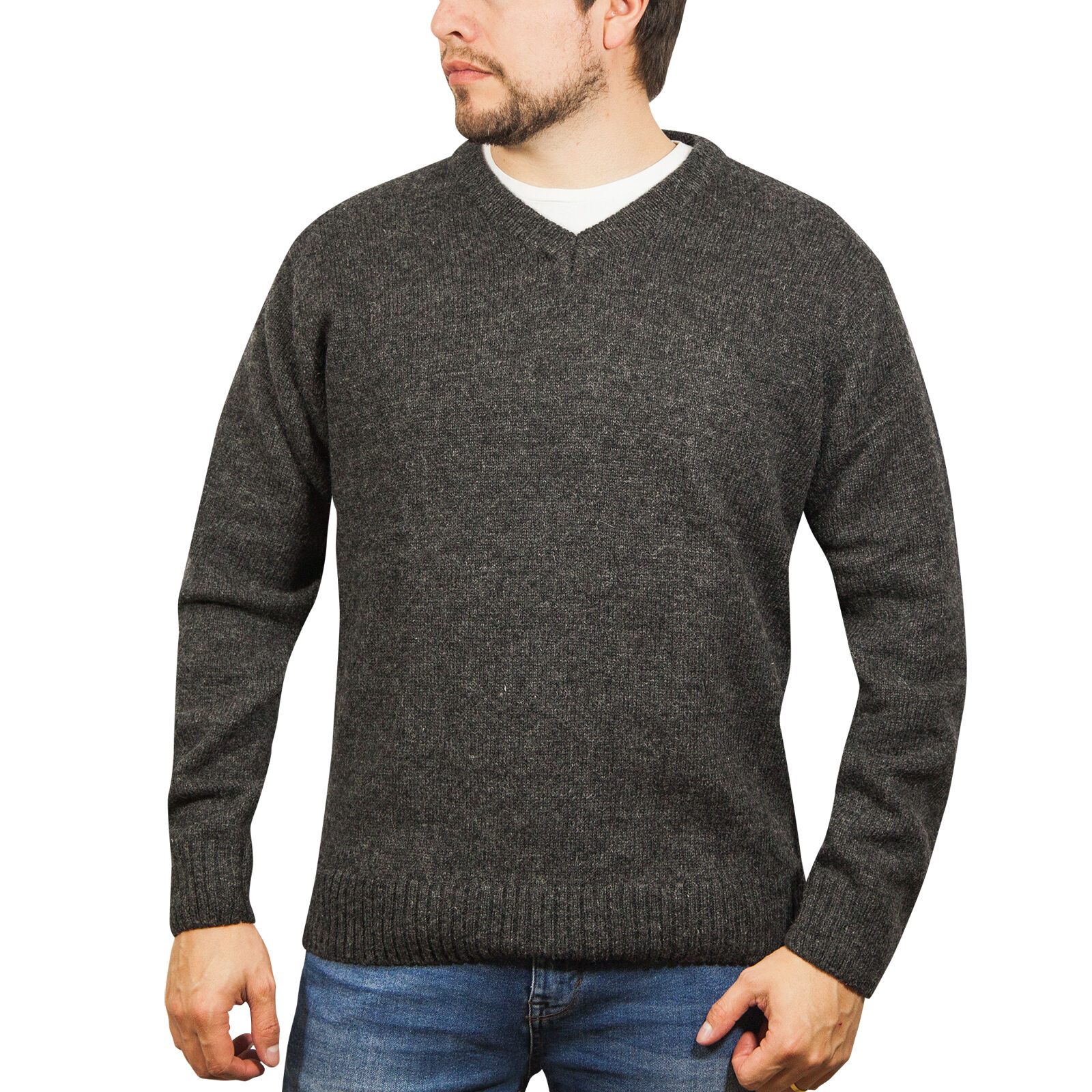 V563-SW-VN-CH29-5XL-202507251215-00 100% Shetland Ragg Wool V Neck Knit Jumper Pullover Mens Sweater Knitted - Charcoal - 5XL - Image 1