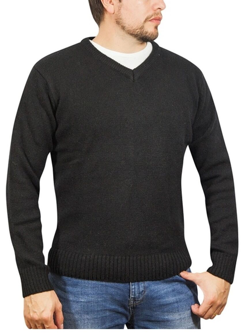 V563-SW-VN-FBK99B-6XL-202507251210-00 100% Shetland Ragg Wool V Neck Knit Jumper Pullover Mens Sweater Knitted - Plain Black - 6XL - Image 1