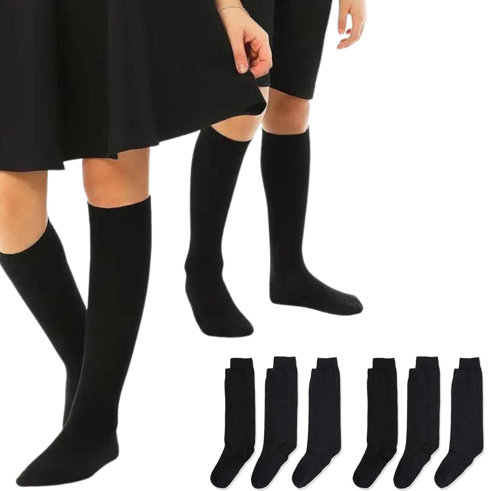V563-TAG4SCHOOL_6PCS-BLACK-13-202503051745-00 6x Pairs School Uniform Knee High Socks Cotton Rich Girls Boys Kids Bulk - Black - 13-3 (8-10 Years Old) - Image 1