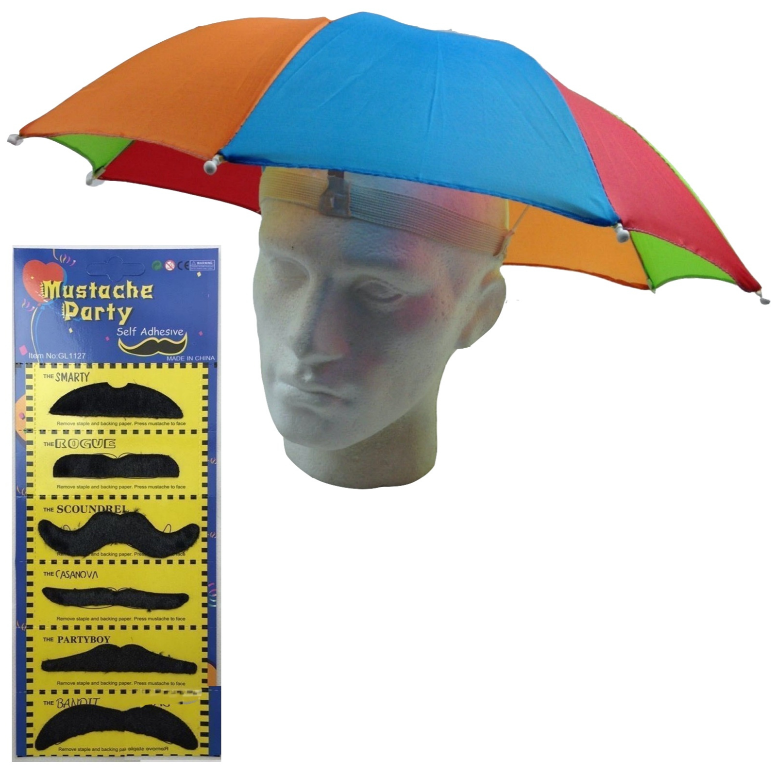V563-UMBRELLAMOUSTACHESET-202506091529-00 2-pc-Set Rainbow Umbrella Hat + 70s Fake Moustache Costume Props Novelty Fancy - Image 1