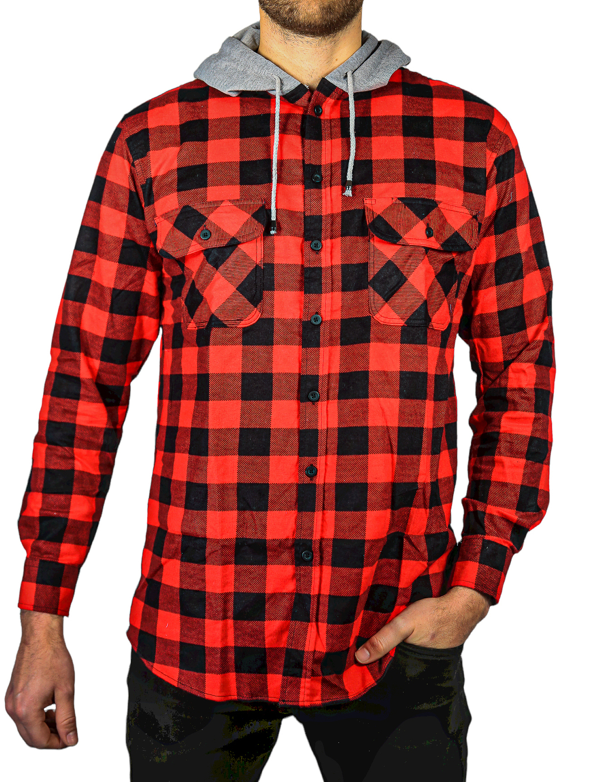 V563-WS47-190-M-202503052059-00 Mens Cotton Flannelette Shirt w Jersey Hood Long Sleeve Flannel - Red/Black - M - Image 1