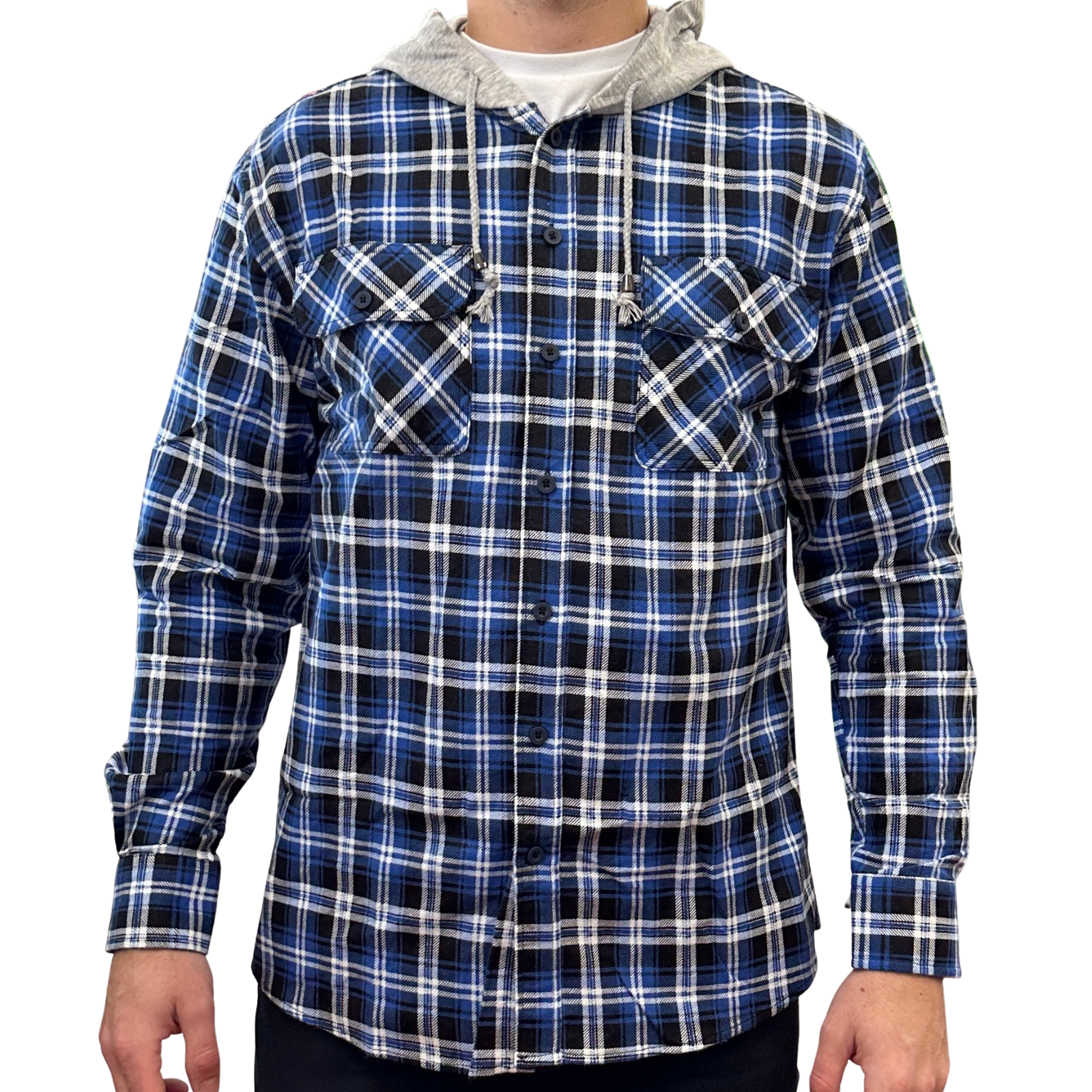 V563-WS47-45-XL-202503051830-00 Mens Cotton Flannelette Shirt w Jersey Hood Long Sleeve Flannel - Denim - XL - Image 1