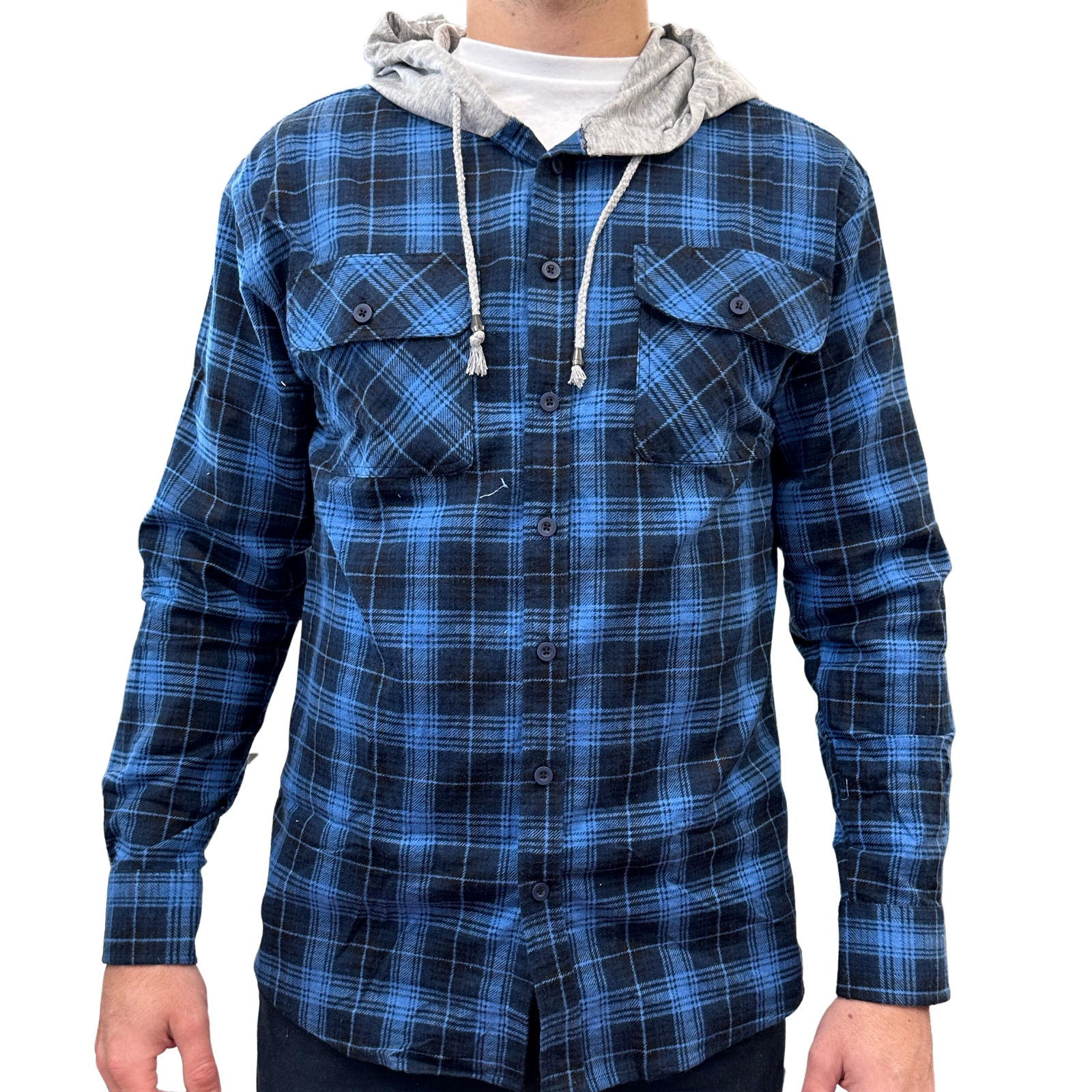 V563-WS47-48-L-202503051840-00 Mens Cotton Flannelette Shirt w Jersey Hood Long Sleeve Flannel - Blue - L - Image 1
