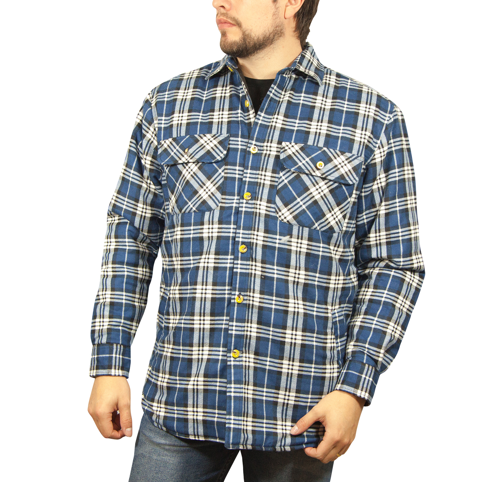 V563-WS59-149-L-174852-00 Jacksmith Quilted Flannelette Shirt Mens Jacket 100% Cotton Padded Warm Winter Flannel - Navy/Light Blue - L - Image 1