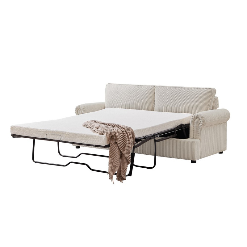 V606-FURNI-SOF-T502-PHEB-CR-200426-00 PHEBE 3 Seater Sofa bed with Separate Foam Mattress- Corduroy Cream - Image 1