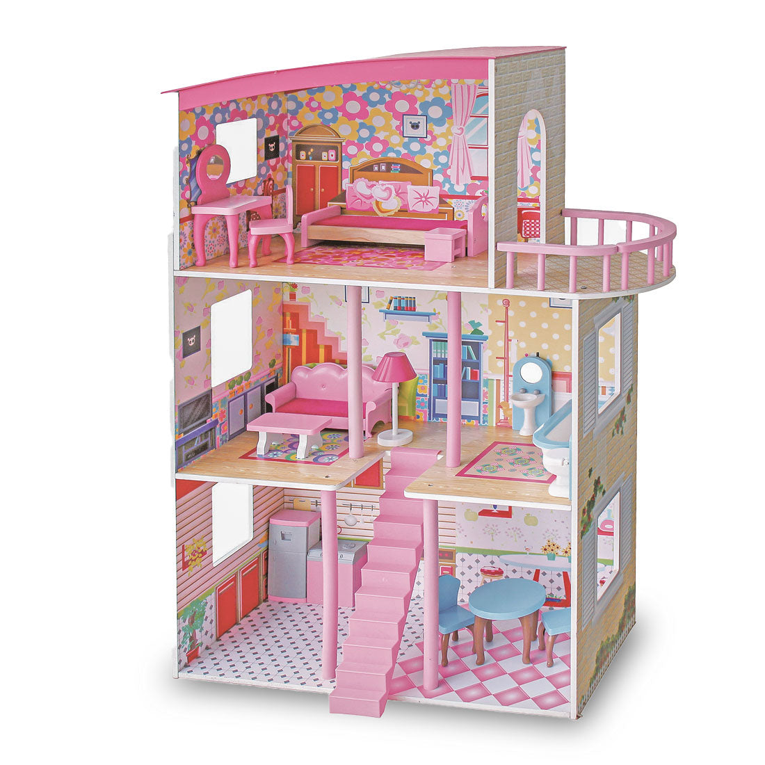 V610-TOY-DOL1056-218882-00 Large Wooden Girls Doll House 3 Level Kids Pretend Play Toys Furniture Dollhouse - Image 1