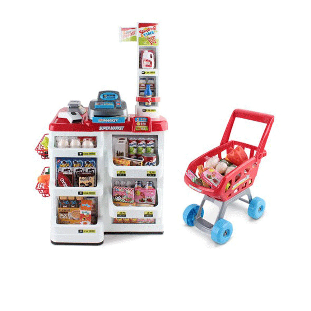 V610-TOY-SUPMAR-668-01-218821-00 Supermarket Play Set Grocery Shopping Pretend Role Play w/ Trolley - Image 1