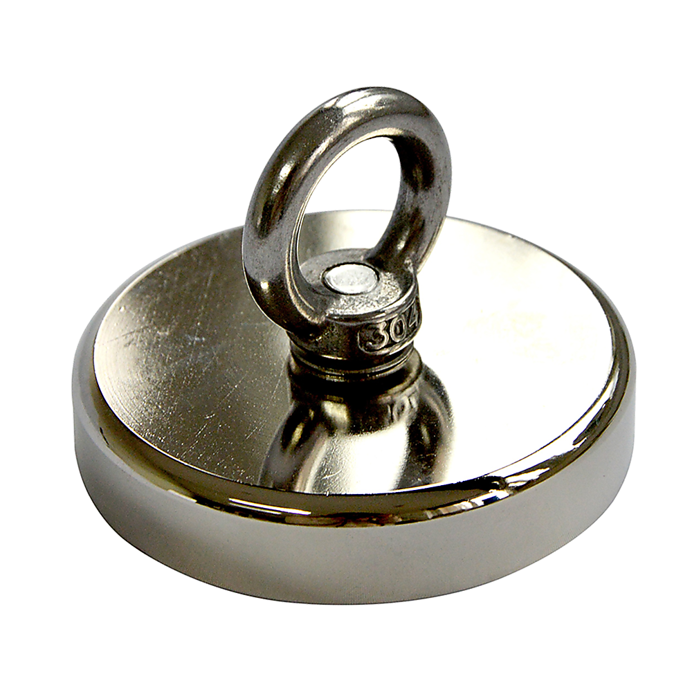 V63-821733-12040-00 Round Neodymium Fishing Magnet with Countersunk Hole and Eyebolt, 500 LBS pull - Image 1