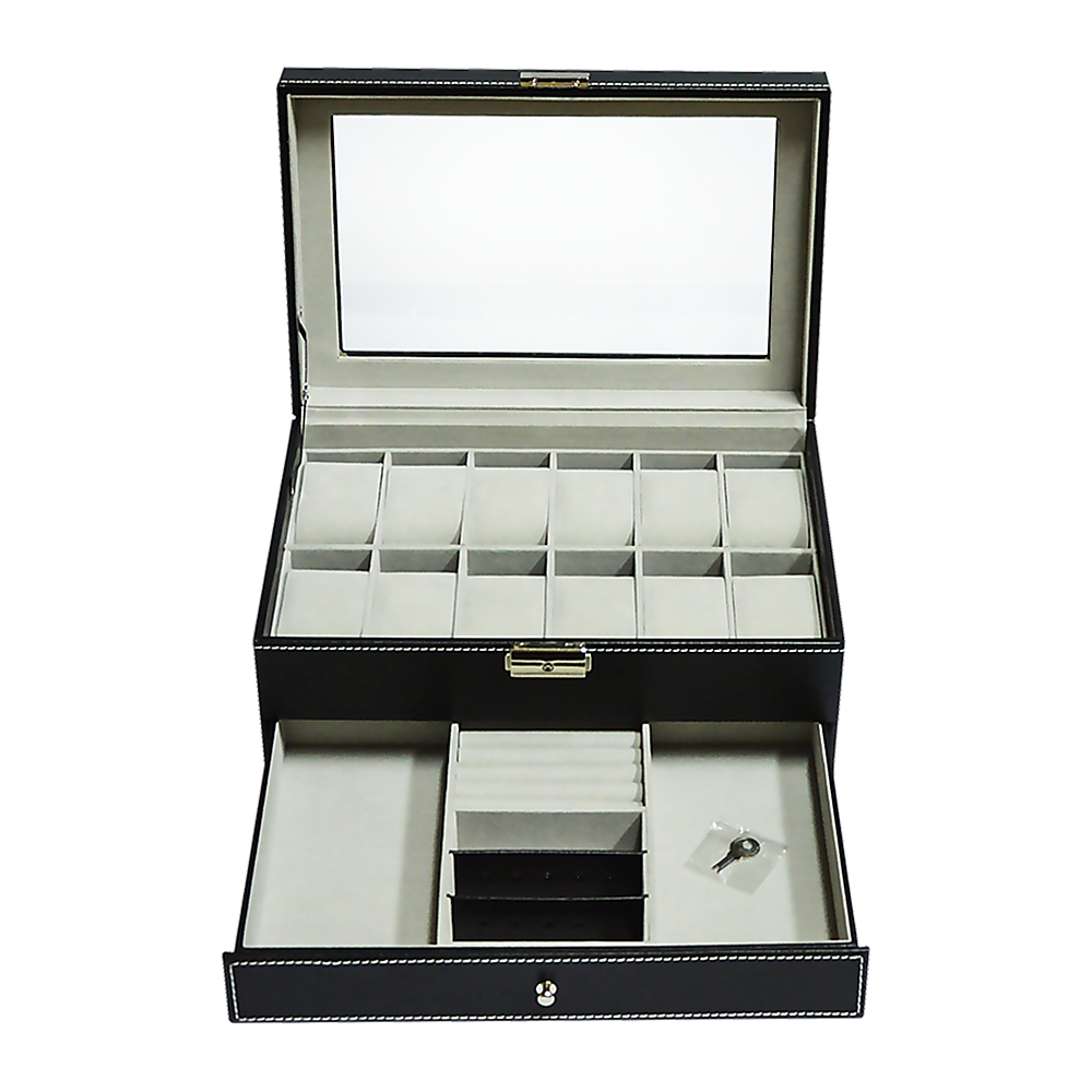 V63-823711-25955-00 12 Grids Watch Display Case Leather jewellery Storage Box Organiser Lock Key - Image 1