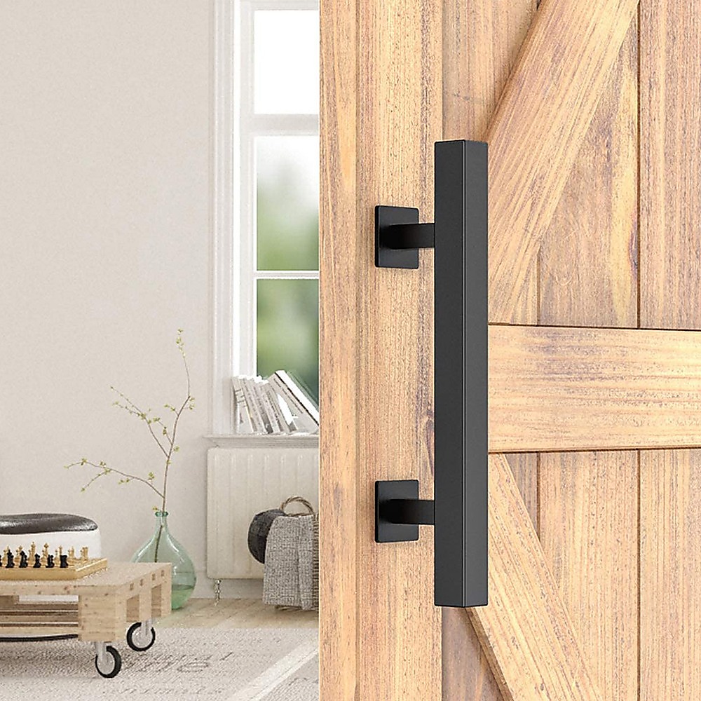 V63-831831-26257-00 12" Square Pull and Flush Door Handle Set Black Barn Door Hardware - Image 1