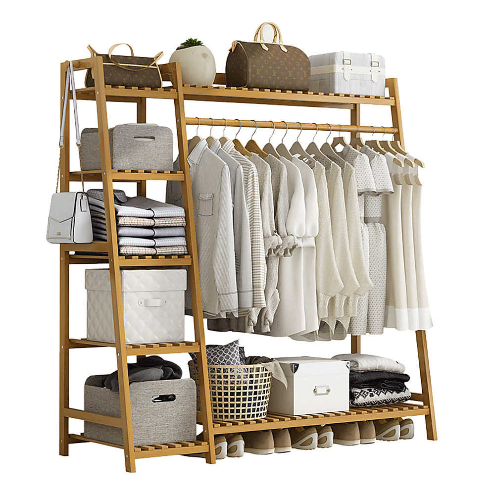 V63-835951-26528-00 Portable Clothes Rack Coat Garment Stand Bamboo Rail Hanger Airer Closet - Image 1