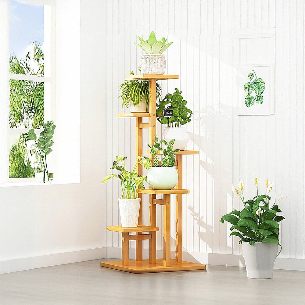 V63-837911-202504141918-00 5 Tiers Vertical Bamboo Plant Stand Staged Flower Shelf Rack Outdoor Garden - Image 1