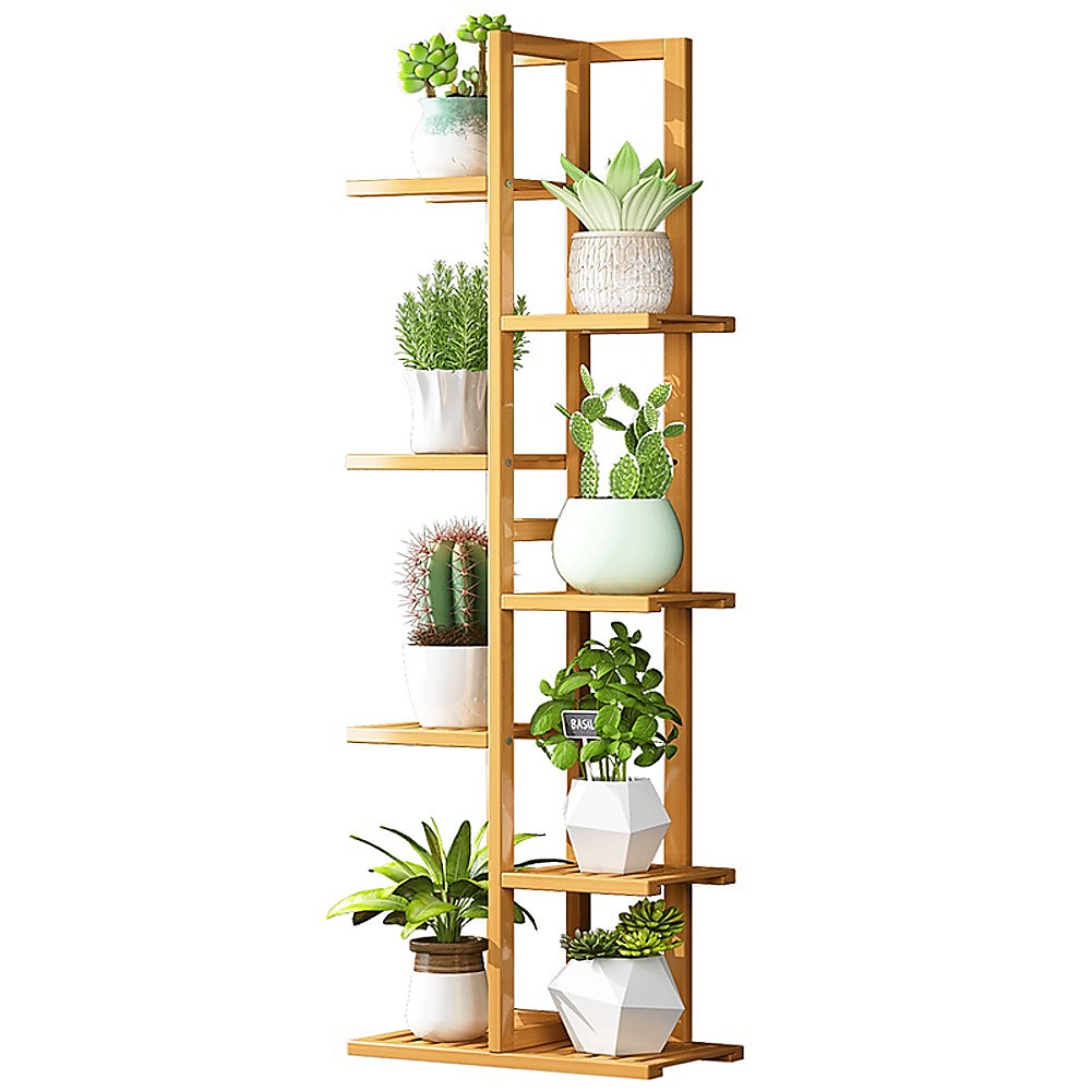 V63-837941-202504141058-00 6 Tiers Vertical Bamboo Plant Stand Staged Flower Shelf Rack Outdoor Garden - Image 1