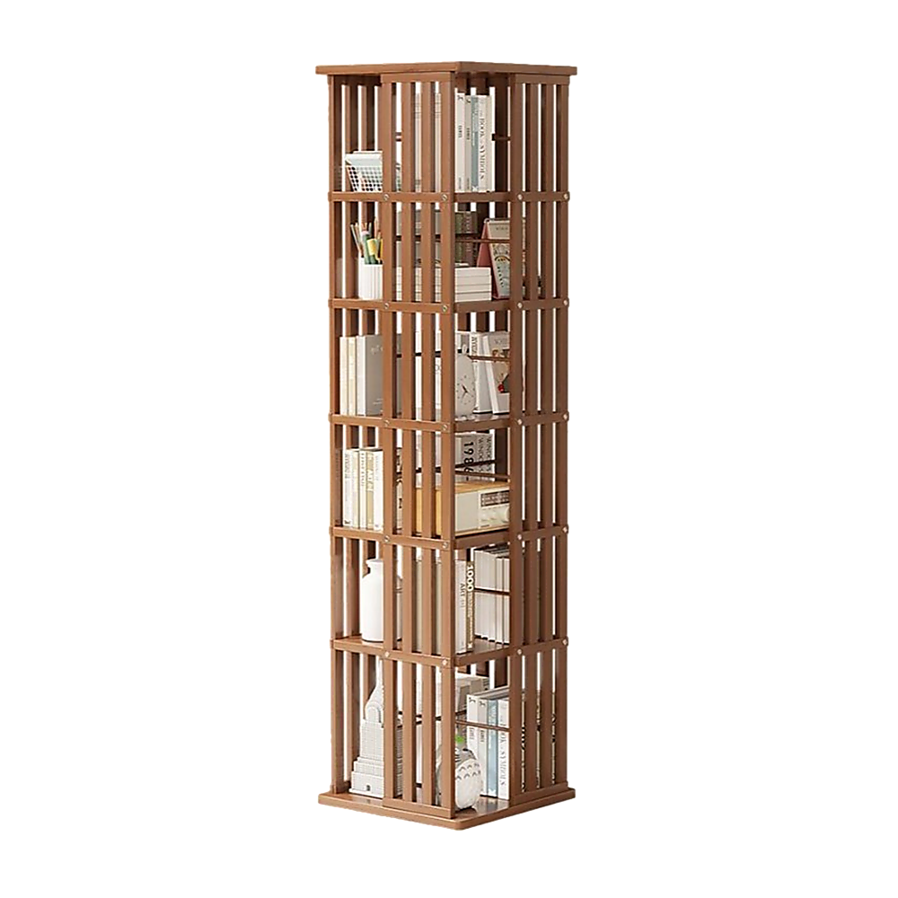 V63-842471-90095-11 360 Rotating Bookshelf Bamboo Storage Display Rack Shelving in Dark Wood - Image 1