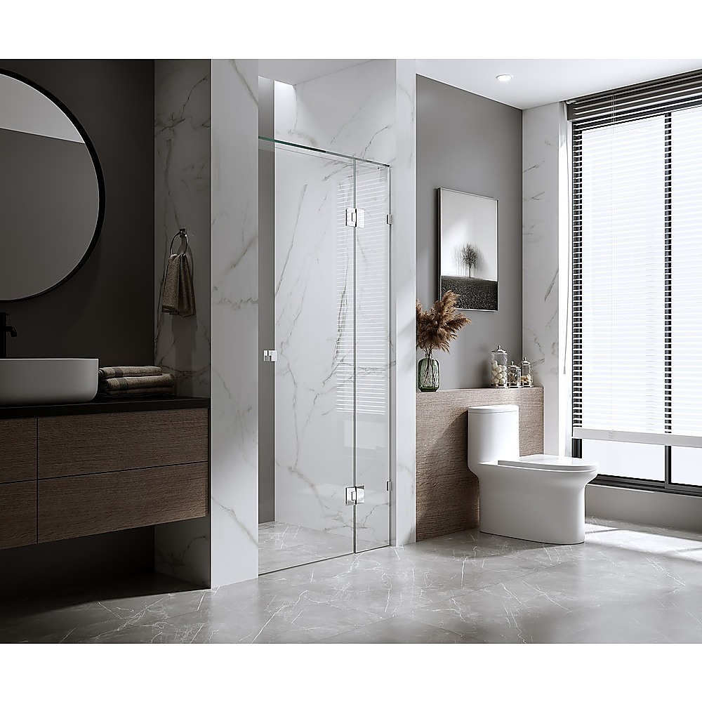 V63-856841-202507041610-00 120cm Wall to Wall Frameless Shower Screen with Gunmetal Brackets and Brass Hinges, Square Knob Handle - Image 1