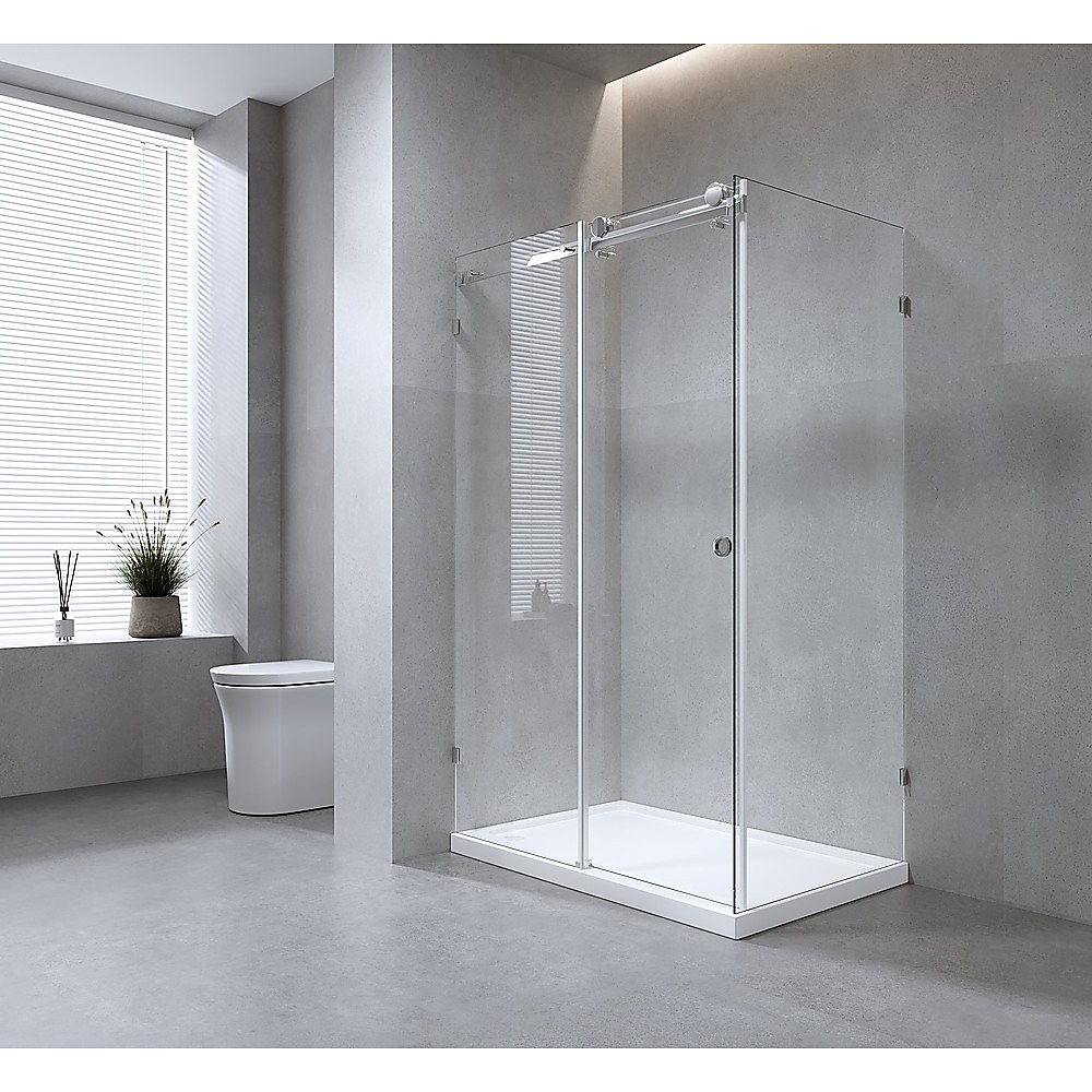 V63-913911-202507041553-00 160x90cm Frameless Glass Sliding Corner Shower with Black Rail and Hardware - Image 1
