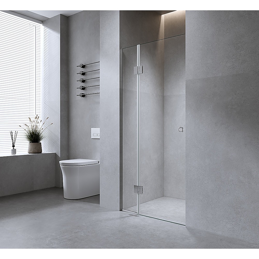 V63-939441-222485-00 90cm Wall to Wall Frameless Shower Screen with Chrome Channel and Brass Hinges - Image 1