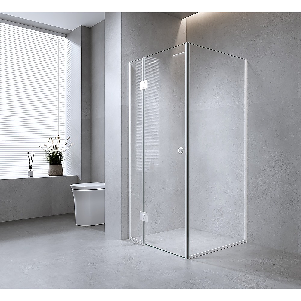 V63-941451-222867-00 120x100cm Corner Frameless Shower Screen with White Channel and SS Hinges - Image 1