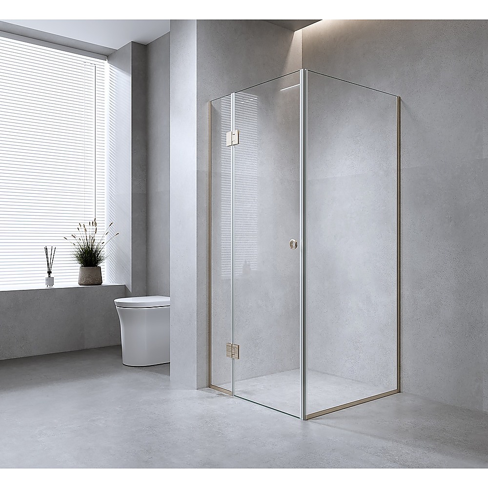 V63-943321-202507042145-00 90x90cm Corner Frameless Shower Screen with Nickel Channel and Brass Hinges - Image 1