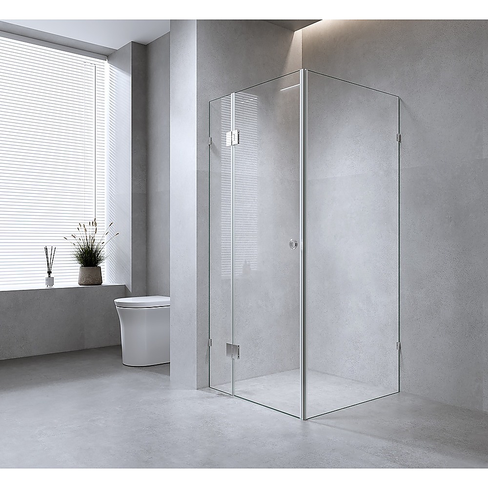 V63-946281-202507042230-00 110x110cm Corner Frameless Shower Screen with Chrome Brackets and Brass Hinges - Image 1