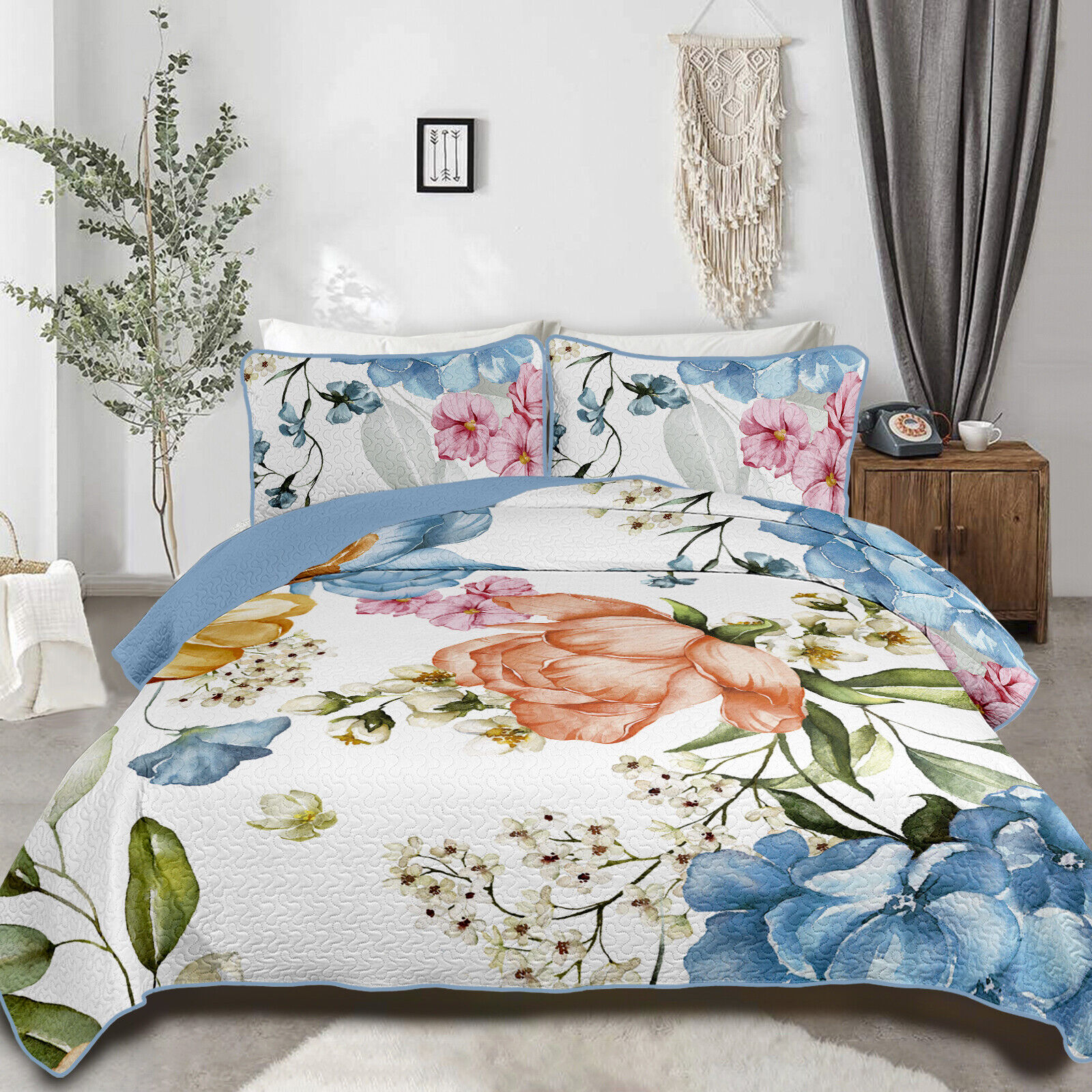 V745-AC080388Q13U-218212-00 Breezy Coastal Bloom Lightweight 3 Pc Bedspread & Pillow Cover Set - Image 1