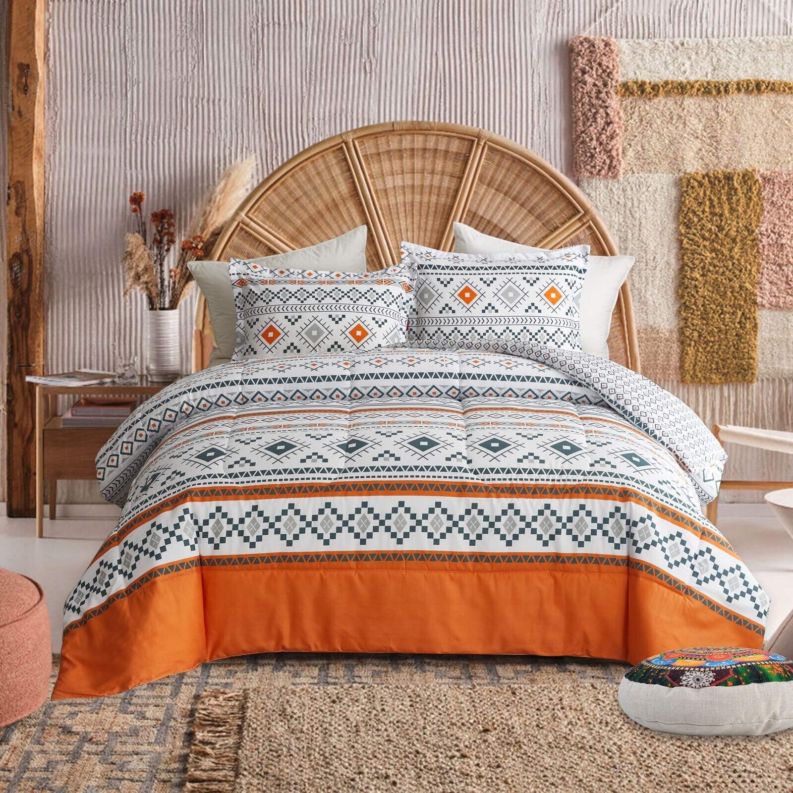 V745-MAB010214AJ3-191311-00 Boho Comforter Set, King Size, Reversible Orange Geometric 3-Piece Bedding Collection - Image 1