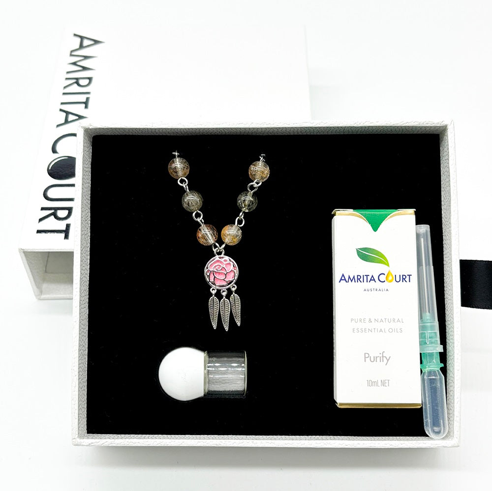 V760-GBAJ-24-195256-08 Gift Box - Rose White Gold Aroma Necklace + Purify Oil Blend - Image 1