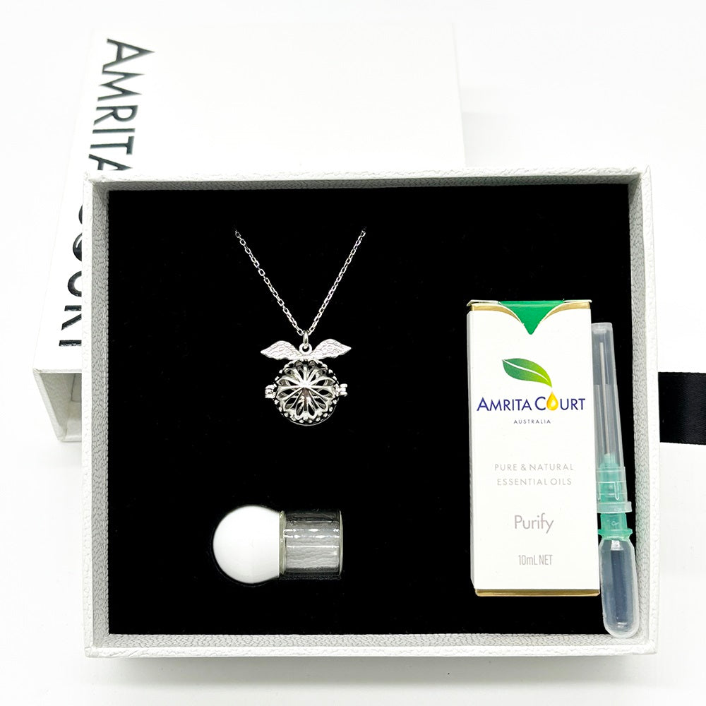 V760-GBAJ-28-195252-08 Gift Box - Angel Ball White Gold Aroma Necklace + Purify Oil Blend - Image 1