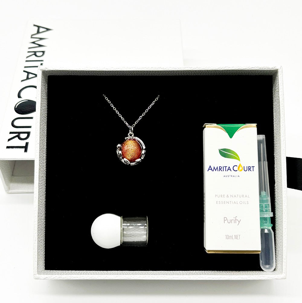 V760-GBAJ-3-195277-07 Gift Box - Aroma Necklace White Gold - Planet Solstice Sunburst (Fire Red) + Purify Oil Blend - Image 1