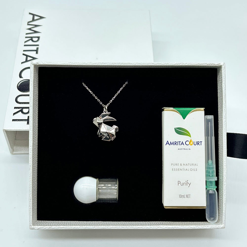 V760-GBAJ-34-195246-09 Gift Box - Rabbit White Gold Aroma Necklace + Purify Oil Blend - Image 1