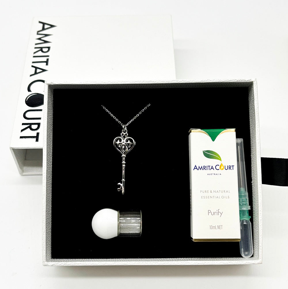 V760-GBAJ-38-195229-08 Gift Box - Key White Gold Aroma Necklace + Purify Oil Blend - Image 1
