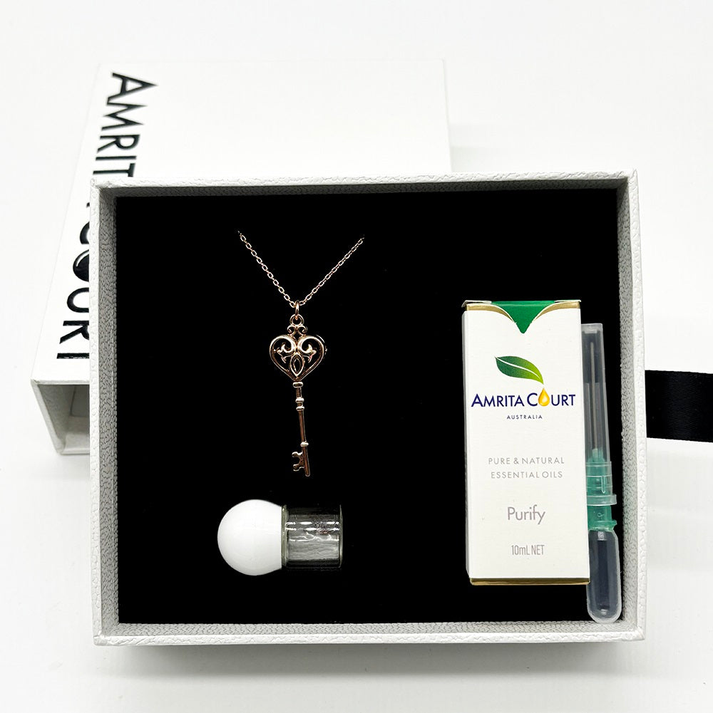 V760-GBAJ-39-195228-06 Gift Box - Key Rose Gold Aroma Necklace + Purify Oil Blend - Image 1